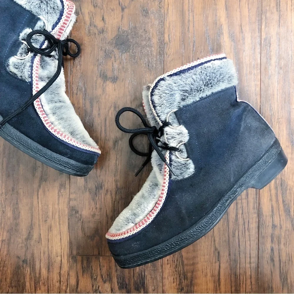 Yodelers • vintage 70s fur trimmed boots black suede faux fur lace up ankle